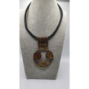 Amber Tone Pendant Necklace Leather Cord Statement Boho Adjustable